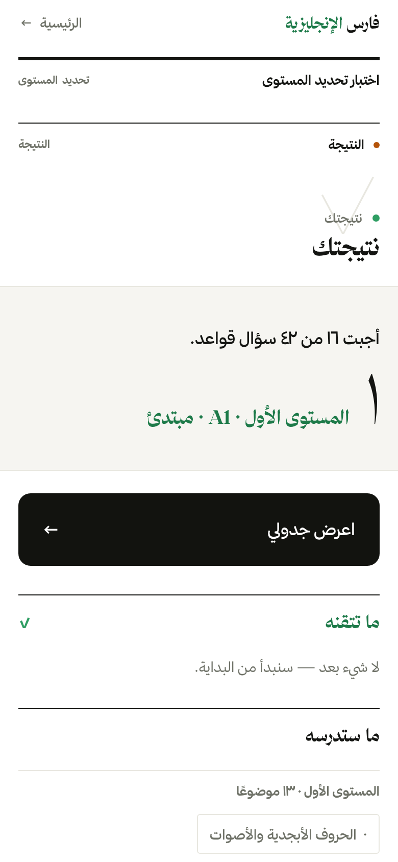 نتيجتك وخطوتك التالية — من منصة فارس الإنجليزية